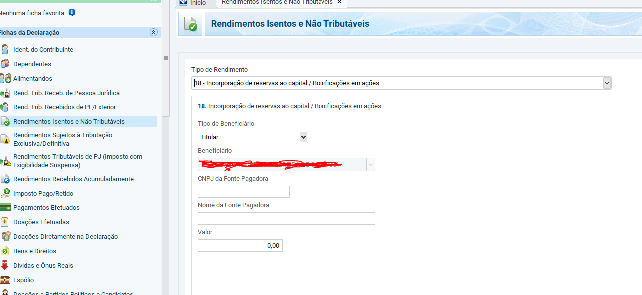 Tela de Rendimentos Não Tributáveis - Imposto de Renda